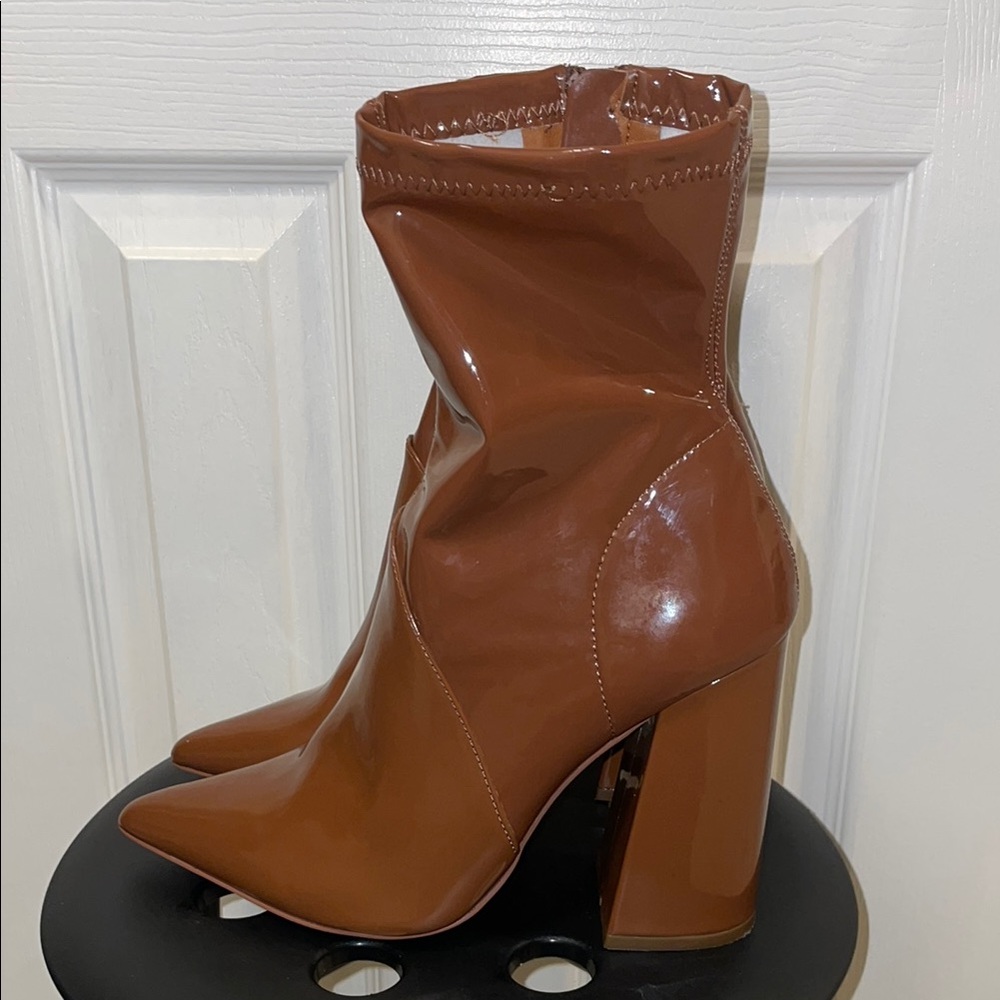 Madden Patent Caramel Boots Size 10